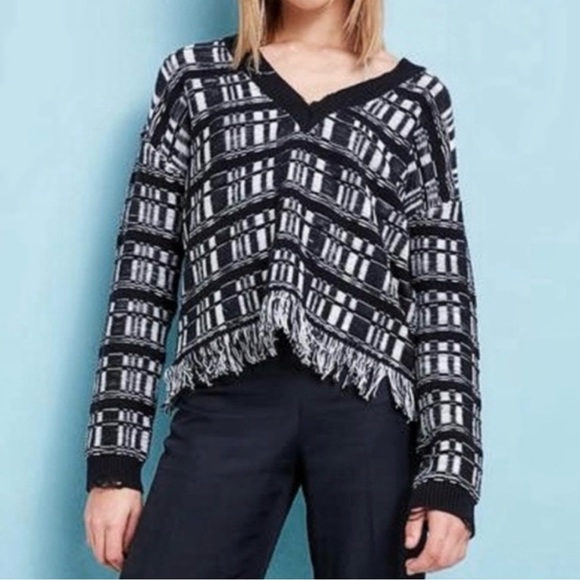 Wildfox Reese Ritzy Fringe Hem Sweater in Black and White NWT - Picture 2 of 3